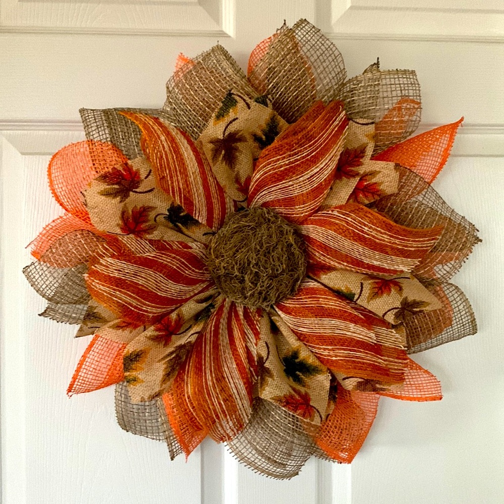 A wreath made with 4 different fall poly burlap mesh